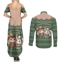 Western Yoke Couples Matching Summer Maxi Dress and Long Sleeve Button Shirt Rabbit Howdy Christmas - Wonder Print Shop