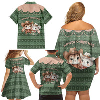 Western Yoke Family Matching Off Shoulder Short Dress and Hawaiian Shirt Rabbit Howdy Christmas - Wonder Print Shop