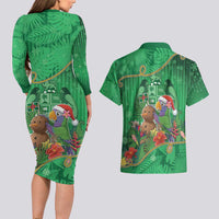 Dominica Christmas Couples Matching Long Sleeve Bodycon Dress and Hawaiian Shirt I Am Dreaming Of A Green Christmas - Wonder Print Shop