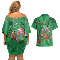Dominica Christmas Couples Matching Off Shoulder Short Dress and Hawaiian Shirt I Am Dreaming Of A Green Christmas - Wonder Print Shop