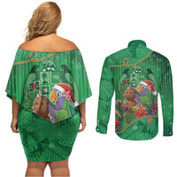 Dominica Christmas Couples Matching Off Shoulder Short Dress and Long Sleeve Button Shirt I Am Dreaming Of A Green Christmas - Wonder Print Shop