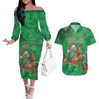 Dominica Christmas Couples Matching Off The Shoulder Long Sleeve Dress and Hawaiian Shirt I Am Dreaming Of A Green Christmas - Wonder Print Shop