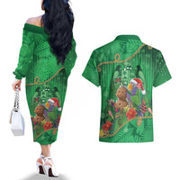 Dominica Christmas Couples Matching Off The Shoulder Long Sleeve Dress and Hawaiian Shirt I Am Dreaming Of A Green Christmas - Wonder Print Shop