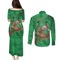 Dominica Christmas Couples Matching Puletasi and Long Sleeve Button Shirt I Am Dreaming Of A Green Christmas - Wonder Print Shop