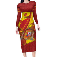 Custom Spain Football Long Sleeve Bodycon Dress Traditional Spanish Carnation Floral Patriotic Motif