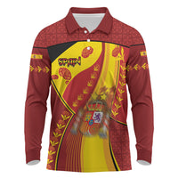Custom Spain Football Long Sleeve Polo Shirt Traditional Spanish Carnation Floral Patriotic Motif