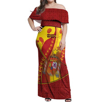 Custom Spain Football Off Shoulder Maxi Dress Traditional Spanish Carnation Floral Patriotic Motif