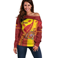 Custom Spain Football Off Shoulder Sweater Traditional Spanish Carnation Floral Patriotic Motif