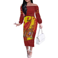 Custom Spain Football Off The Shoulder Long Sleeve Dress Traditional Spanish Carnation Floral Patriotic Motif