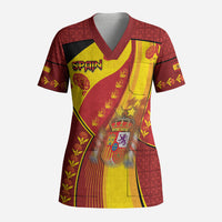 Custom Spain Football Scrub Top Traditional Spanish Carnation Floral Patriotic Motif