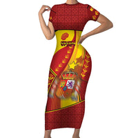 Custom Spain Football Short Sleeve Bodycon Dress Traditional Spanish Carnation Floral Patriotic Motif