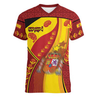 Custom Spain Football Women V-Neck T-Shirt Traditional Spanish Carnation Floral Patriotic Motif