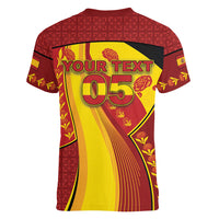 Custom Spain Football Women V-Neck T-Shirt Traditional Spanish Carnation Floral Patriotic Motif