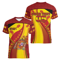 Custom Spain Football Women V-Neck T-Shirt Traditional Spanish Carnation Floral Patriotic Motif
