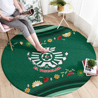 Mexico Football Round Carpet Aztec Eagle With Mini Floral Patterns