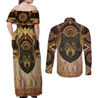 Native American Animal Spirit Couples Matching Off Shoulder Maxi Dress and Long Sleeve Button Shirt