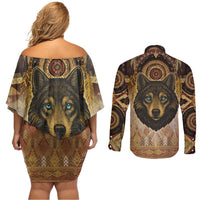 Native American Animal Spirit Couples Matching Off Shoulder Short Dress and Long Sleeve Button Shirt