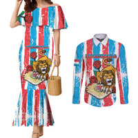 Personalized Luxembourg Couples Matching Mermaid Dress and Long Sleeve Button Shirt Red Lion With Coat Of Arms - Wonder Print Shop