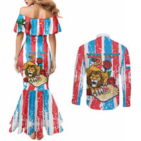 Personalized Luxembourg Couples Matching Mermaid Dress and Long Sleeve Button Shirt Red Lion With Coat Of Arms - Wonder Print Shop