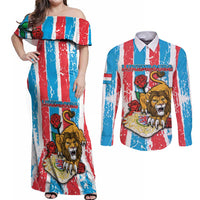 Personalized Luxembourg Couples Matching Off Shoulder Maxi Dress and Long Sleeve Button Shirt Red Lion With Coat Of Arms - Wonder Print Shop