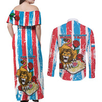 Personalized Luxembourg Couples Matching Off Shoulder Maxi Dress and Long Sleeve Button Shirt Red Lion With Coat Of Arms - Wonder Print Shop