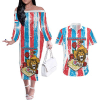 Personalized Luxembourg Couples Matching Off The Shoulder Long Sleeve Dress and Hawaiian Shirt Red Lion With Coat Of Arms - Wonder Print Shop