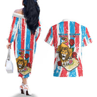 Personalized Luxembourg Couples Matching Off The Shoulder Long Sleeve Dress and Hawaiian Shirt Red Lion With Coat Of Arms - Wonder Print Shop