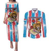 Personalized Luxembourg Couples Matching Puletasi and Long Sleeve Button Shirt Red Lion With Coat Of Arms - Wonder Print Shop