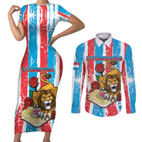 Personalized Luxembourg Couples Matching Short Sleeve Bodycon Dress and Long Sleeve Button Shirt Red Lion With Coat Of Arms - Wonder Print Shop