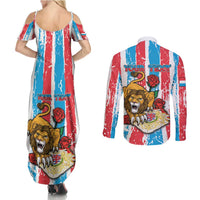 Personalized Luxembourg Couples Matching Summer Maxi Dress and Long Sleeve Button Shirt Red Lion With Coat Of Arms - Wonder Print Shop