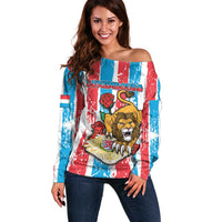 Personalized Luxembourg Off Shoulder Sweater Red Lion With Coat Of Arms - Wonder Print Shop