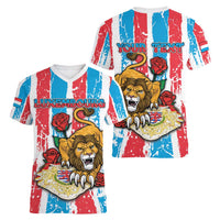 Personalized Luxembourg Women V-Neck T-Shirt Red Lion With Coat Of Arms - Wonder Print Shop