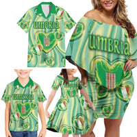 Personalized Italy Umbria Family Matching Off Shoulder Short Dress and Hawaiian Shirt Flag Emerald Heart Candy