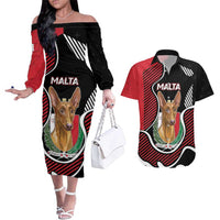 Personalized Malta Couples Matching Off The Shoulder Long Sleeve Dress and Hawaiian Shirt Pharaoh Hound In Coat Of Arms - Wonder Print Shop