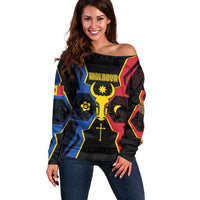 Personalized Moldova Off Shoulder Sweater The Aurochs Symbol With Patterns - Wonder Print Shop