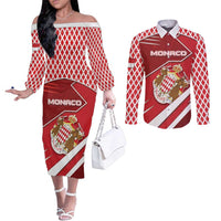 Personalized Monaco Couples Matching Off The Shoulder Long Sleeve Dress and Long Sleeve Button Shirt Coat Of Arms Unique Style - Wonder Print Shop
