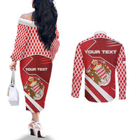 Personalized Monaco Couples Matching Off The Shoulder Long Sleeve Dress and Long Sleeve Button Shirt Coat Of Arms Unique Style - Wonder Print Shop