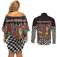 Hippie Christmas Couples Matching Off Shoulder Short Dress and Long Sleeve Button Shirt Doodle Style - Wonder Print Shop