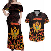 Personalized Montenegro Couples Matching Off Shoulder Maxi Dress and Hawaiian Shirt Coat Of Arms Fire Style - Wonder Print Shop