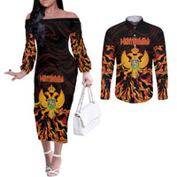 Personalized Montenegro Couples Matching Off The Shoulder Long Sleeve Dress and Long Sleeve Button Shirt Coat Of Arms Fire Style - Wonder Print Shop