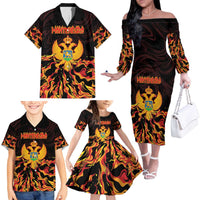 Personalized Montenegro Family Matching Off The Shoulder Long Sleeve Dress and Hawaiian Shirt Coat Of Arms Fire Style - Wonder Print Shop