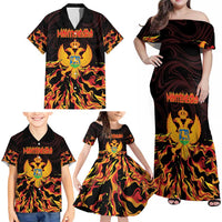 Personalized Montenegro Family Matching Off Shoulder Maxi Dress and Hawaiian Shirt Coat Of Arms Fire Style - Wonder Print Shop