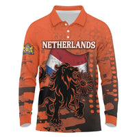 Personalized Netherlands Long Sleeve Polo Shirt Lion With Daisy Flower - Wonder Print Shop