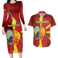 Personalized North Macedonia Couples Matching Long Sleeve Bodycon Dress and Hawaiian Shirt National Emblem With Lion - Wonder Print Shop