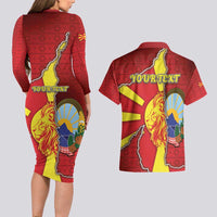 Personalized North Macedonia Couples Matching Long Sleeve Bodycon Dress and Hawaiian Shirt National Emblem With Lion - Wonder Print Shop