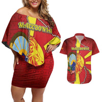 Personalized North Macedonia Couples Matching Off Shoulder Short Dress and Hawaiian Shirt National Emblem With Lion - Wonder Print Shop