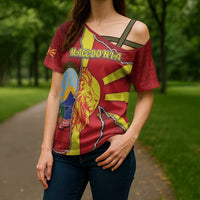 Personalized North Macedonia Cross Shoulder Shirt National Emblem With Lion - Wonder Print Shop