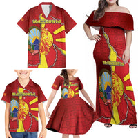 Personalized North Macedonia Family Matching Off Shoulder Maxi Dress and Hawaiian Shirt National Emblem With Lion - Wonder Print Shop