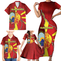 Personalized North Macedonia Family Matching Short Sleeve Bodycon Dress and Hawaiian Shirt National Emblem With Lion - Wonder Print Shop