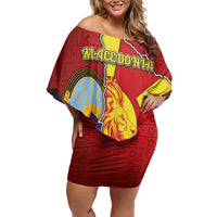 Personalized North Macedonia Off Shoulder Short Dress National Emblem With Lion - Wonder Print Shop